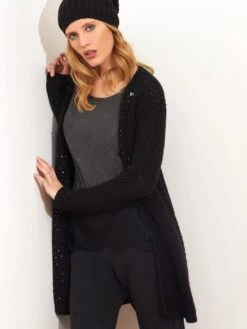 Lang Cardigan WOLLE + PAILLETTEN Schwarz Von Chiara Fiorini 6 Lang Cardigan WOLLE + PAILLETTEN Schwarz Von Chiara Fiorini -MAISON LEJABY Verkaufsgeschäft cardigan schwarz cf1919 chiara fiorini 2 1 1