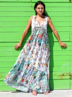 Seidenbatist Strandkleid FANTASIA BIANCO Weiß Grün Von Laetitia Beachwear -MAISON LEJABY Verkaufsgeschäft kleid weiss g143 laetitia 2 1