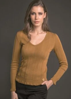 Merinowolle Seide LANGARM SHIRT Breite Rippe Von Artimaglia -MAISON LEJABY Verkaufsgeschäft langarm shirt wolle seide 76404 cognac artimaglia 2