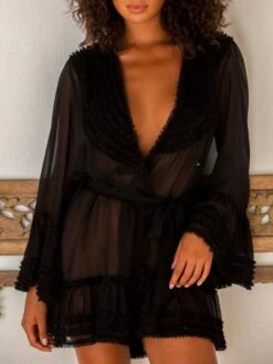 Kimono 100% Seide SOIE FANTAISIE Von Marjolaine -MAISON LEJABY Verkaufsgeschäft morgenmantel kurz seide georgette 2soi2001 schwarz 0004 marjolaine 3