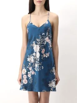 100% Seide Nachthemd ORIENTAL FLOWERS Petrol Von Luna Di Seta -MAISON LEJABY Verkaufsgeschäft nachthemd seide flower print vlst60834 blau blumen luna di seta 2