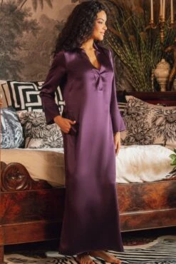 Langarm Nachtkleid 100% Seide POLLY Lang Von Marjolaine -MAISON LEJABY Verkaufsgeschäft nachtkleid langarm seide lila 3pol3045 polly marjolaine