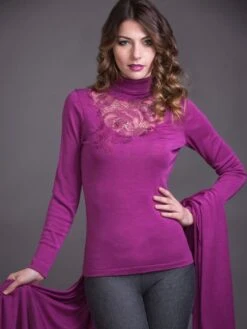 Merinowolle-Seide ROLLKRAGEN SHIRT Mit Spitze Von Artimaglia -MAISON LEJABY Verkaufsgeschäft seide merino rollkragen shirt 7030 69904 fuchsia artimaglia