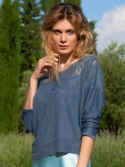 100% Leinen Pullover GLORIA No. 2 Mit Spitze Von Marjolaine -MAISON LEJABY Verkaufsgeschäft seide pullover 9glo0501 acier0048 marjolaine 5