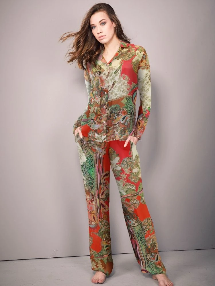 100% Seide Pyjama GRENADINE Rot Gold Von Fürstenberg 4 100% Seide Pyjama GRENADINE Rot Gold Von Fürstenberg - Image 2