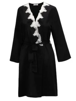 100% Seide Morgenmantel SATIN + LACE Kurz Von Eva B. Bitzer -MAISON LEJABY Verkaufsgeschäft seiden morgenmantel satin lace 29314463 schwarz weiss bitzer