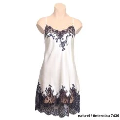 100% Seide Negligé CAPRICE Mittellang Mit Spitze Marjolaine -MAISON LEJABY Verkaufsgeschäft seidenneglige caprice cap0104 naturel tintenblau 7436 marjolaine
