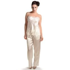 Seiden-Longtop JARDIN Von Marjolaine 22 Seiden-Longtop JARDIN Von Marjolaine -MAISON LEJABY Verkaufsgeschäft seidentop jardin mit pyjamahose champagner weiss marjolaine