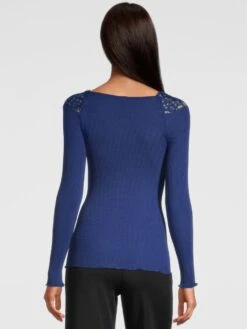 Merino Wolle-Seide LANGARMSHIRT Gerippt Blau Leavers Spitze Von Oscalito -MAISON LEJABY Verkaufsgeschäft shirt langarm chantilly spitze blau 6643 oscalito 2