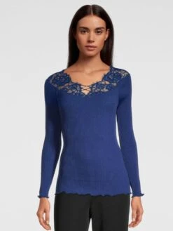 Merino Wolle-Seide LANGARMSHIRT Gerippt Blau Leavers Spitze Von Oscalito -MAISON LEJABY Verkaufsgeschäft shirt langarm chantilly spitze blau 6643 oscalito