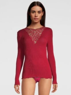 Merinowolle-Seide LANGARM SHIRT Rot Gerippt Von Oscalito -MAISON LEJABY Verkaufsgeschäft shirt langarm tuellspitze rot 6667 oscalito