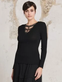 Merinowolle-Seide LANGARM SHIRT Gerippt Schwarz Von Oscalito -MAISON LEJABY Verkaufsgeschäft shirt lurex spitze schwarz 6661 oscalito 1
